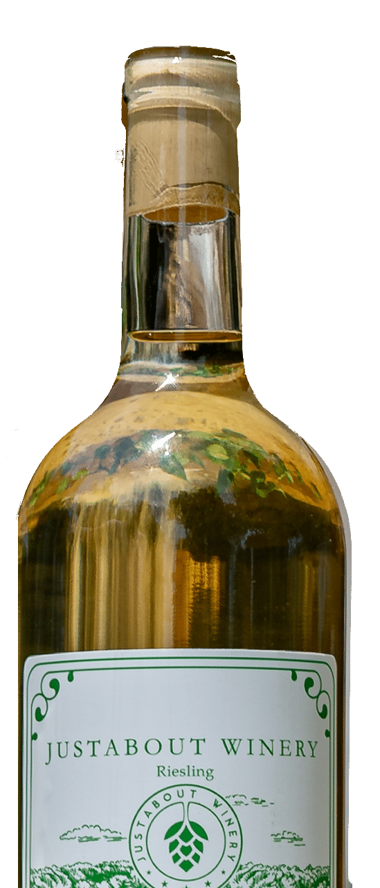Justabout Winery Riesling bottle closeup label Justabout Winery Riesling bottle closeup label