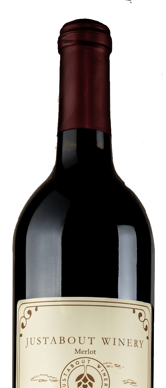 Justabout Winery Merlot bottle closeup Justabout Winery Merlot bottle closeup