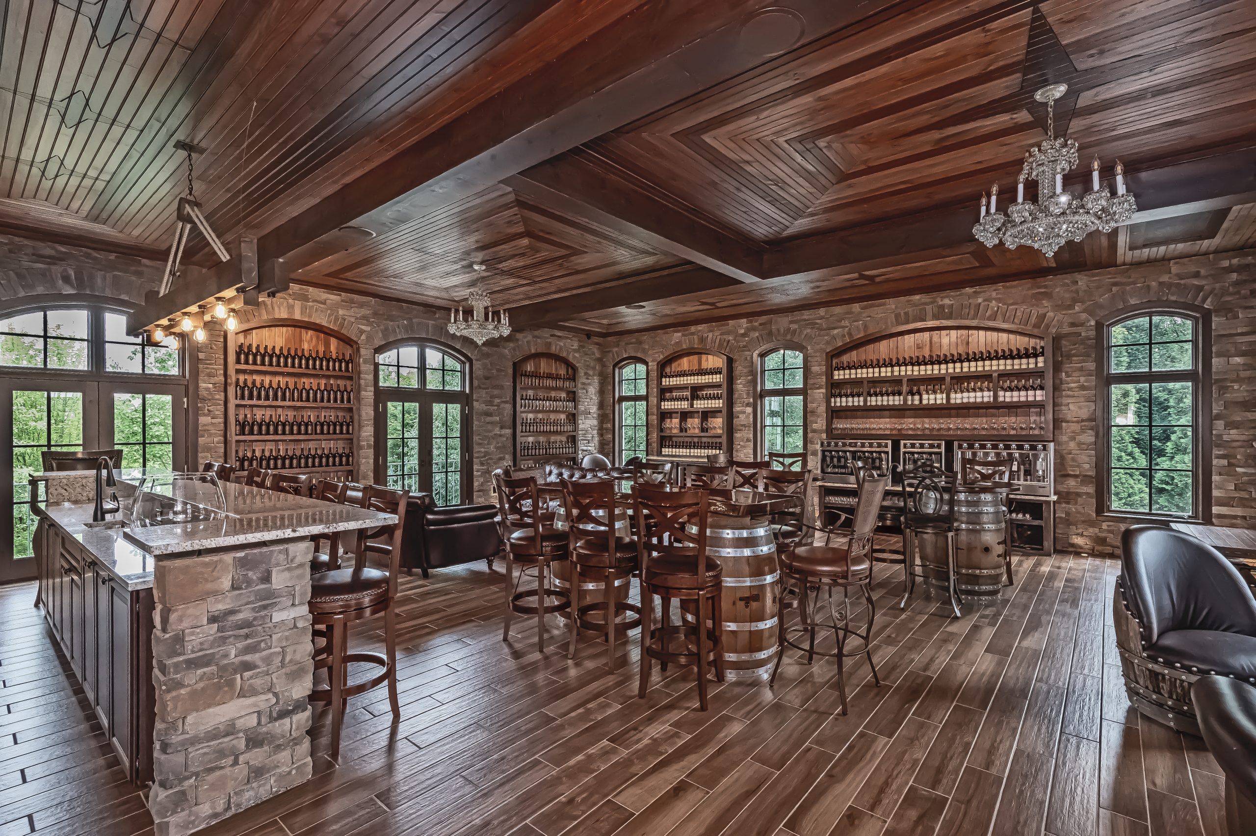 Elegant winery tasting hall with wine shelves Elegant winery tasting hall with wine shelves